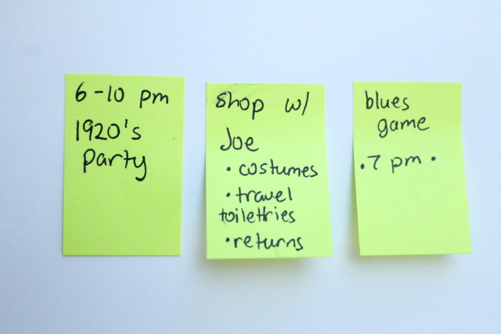 green sticky notes = personal agenda